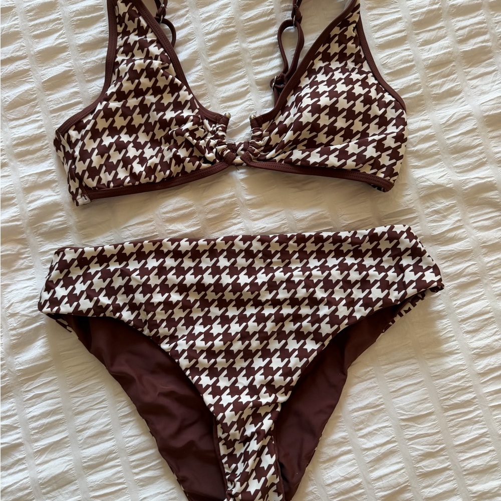 Cupshe Brown & Cream high waist Houndstooth Bikini Set